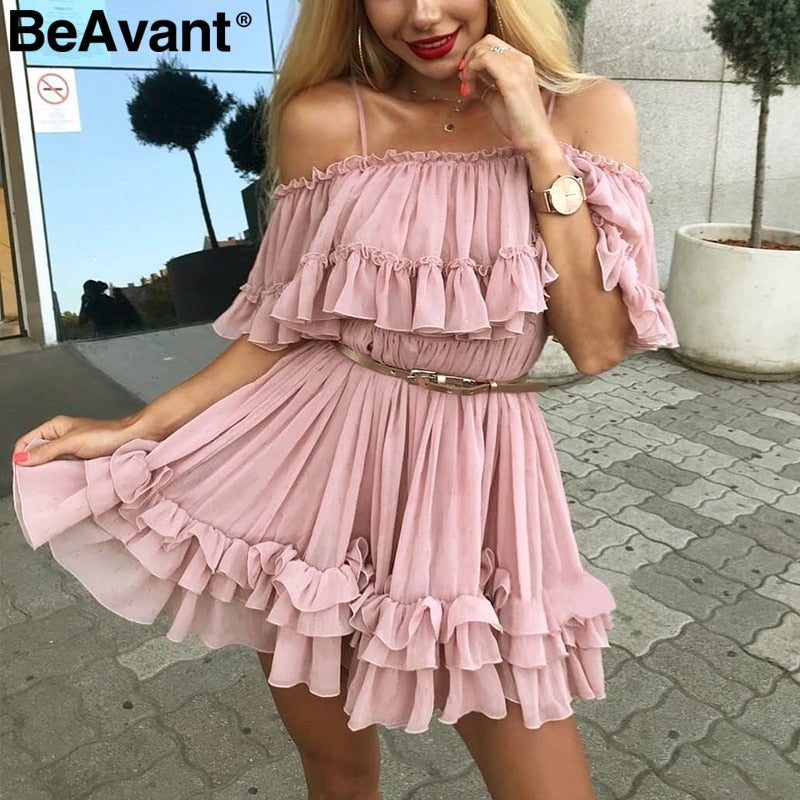 BeAvant Off shoulder strap chiffon summer dresses Women