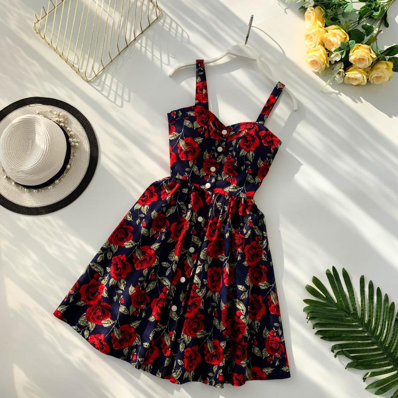 Boho 2019 Floral Print Vintage Spaghetti Strap Summer Mini Short Dress